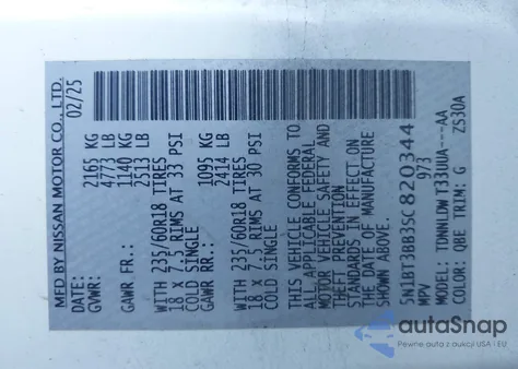 2025 Nissan Rogue Sv Intelligent Awd z USA, uszkodzony, nr VIN 5N1BT3BB3SC820344